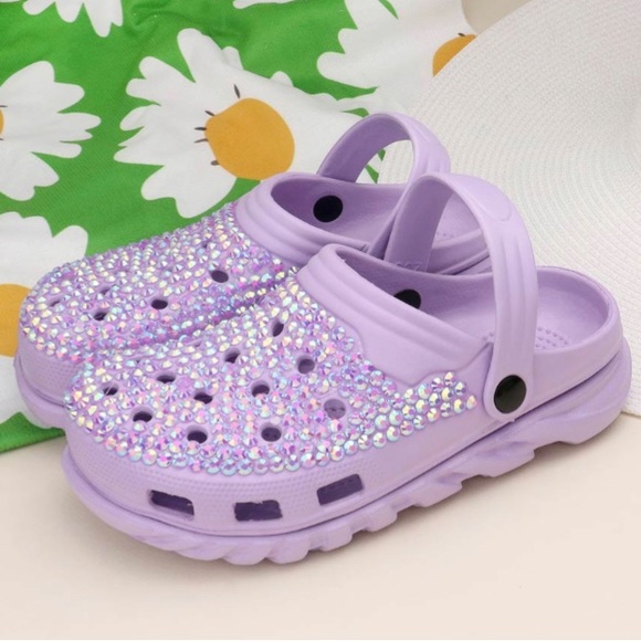 Purple Bling Rhinestone Crystal Slip On Croclike Slides Rubber Clogs Shoes - Picture 3 of 4